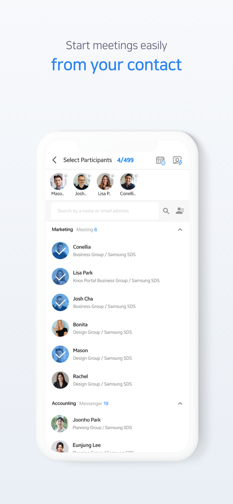 Interfaccia dell'app Knox Meeting per selezionare i partecipanti da un elenco di contatti aziendali.