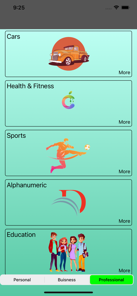 Create Logo~Make Your Own Logo - Schermata dell'app mobile che mostra varie categorie di design di loghi come auto, salute, sport e istruzione