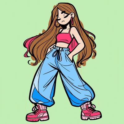 girl in baggy pants crop top and long hair