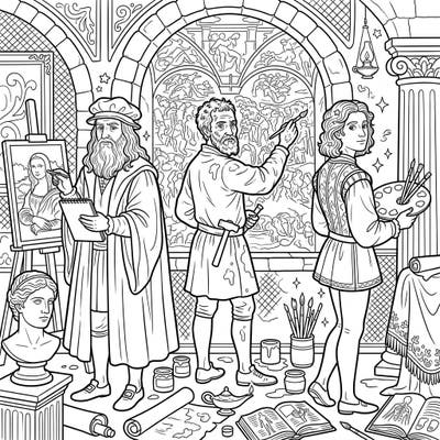 Step back in time to the golden age of art with this captivating coloring page featuring legendary Renaissance painters. Discover artistic geniuses like Leonardo da Vinci and Michelangelo at work in their richly detailed studio.