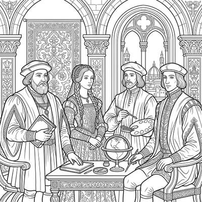 Delve into the elegance of the past with this intricate Renaissance Portraits coloring page. Featuring noble figures, scholarly items, and ornate architecture, it’s a perfect blend of history and art for your creative journey.
