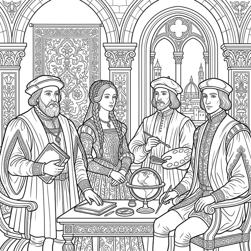 Delve into the elegance of the past with this intricate Renaissance Portraits coloring page. Featuring noble figures, scholarly items, and ornate architecture, it’s a perfect blend of history and art for your creative journey.
