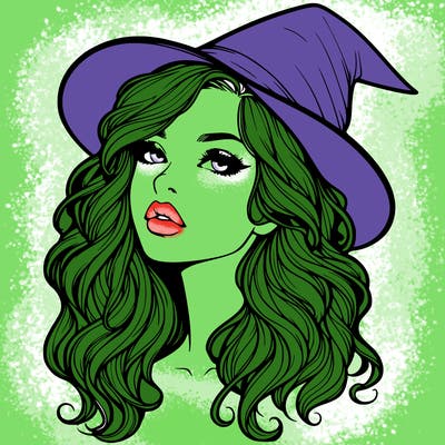 realistic witch girl with wavy hair and lips