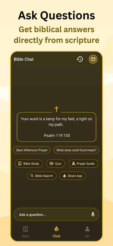 Torch - Bible Chat - Interface of the Torch Bible Chat app displaying the Ask Questions feature and a Bible verse from Psalm 119