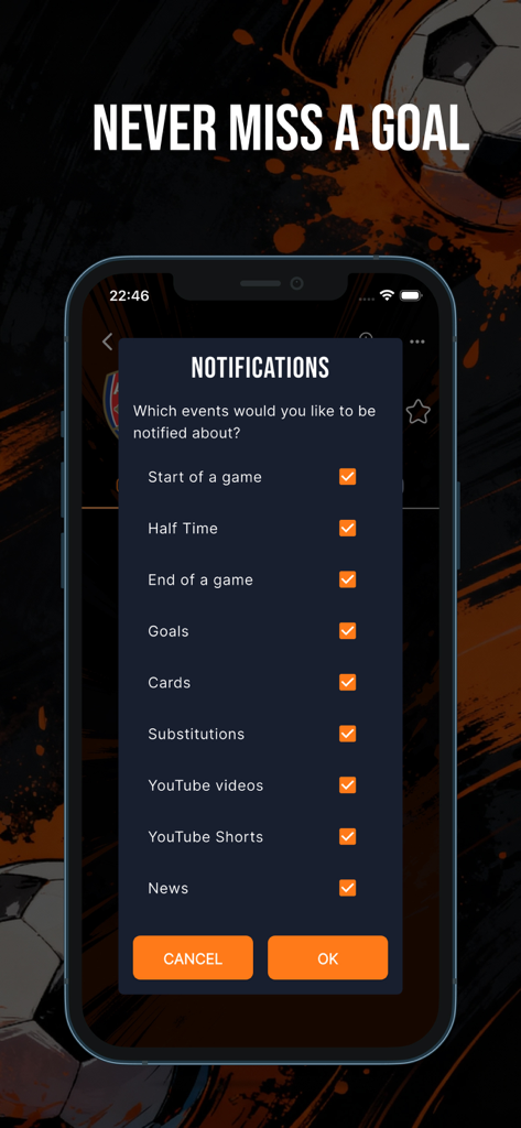 Foot Live Score: News & Videos - Benachrichtigungseinstellungen in der Foot Live Score App für Fußballtore und Spielereignisse