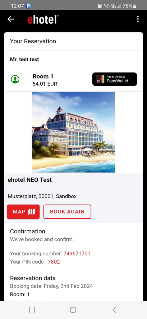 ehotel® hotel booking platform - Reservation confirmation screen in the ehotel mobile app showing hotel details and booking number
