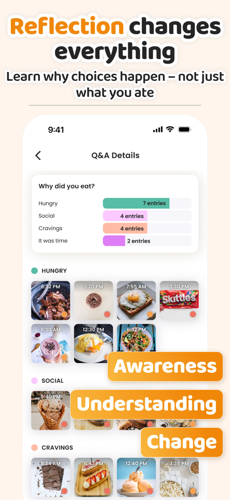 Mobile interface of AteMate app displaying food entries organized by reasons for eating like hunger and social