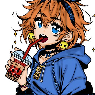 hot baddie anime girl drinking boba and biting the straw