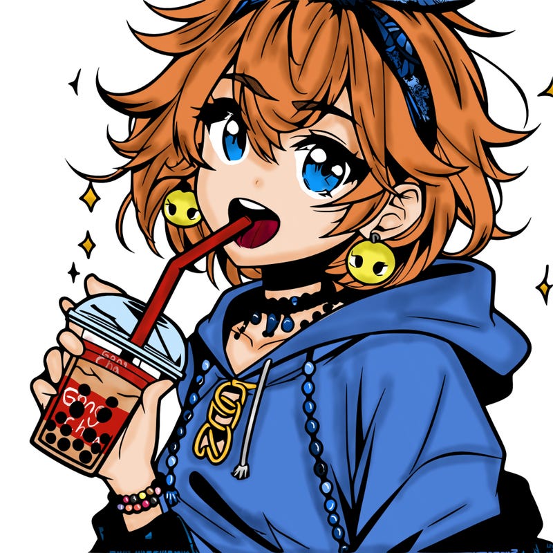 hot baddie anime girl drinking boba and biting the straw