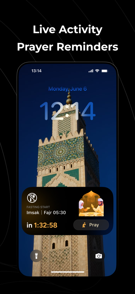 Hajo - Quran, Prayer & Hajj - iPhone lock screen showing Hajo app live activity widget with prayer times and fasting countdown