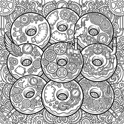Dive into a delicious fusion of past and future with our Steampunk Cake Doughnuts coloring page. Explore intricate gears, pipes, and gadgets adorning these delightful treats in a unique Victorian-industrial design.