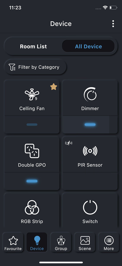 PIXIE PLUS - PIXIE PLUS app interface showing a grid of smart home devices including ceiling fans, dimmers, sensors and switches for remote home management.