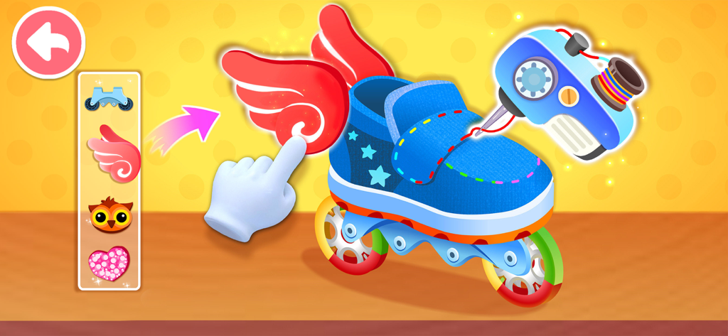 Baby Panda's Fashion Dress Up - A blue sneaker being customized with red wings and roller skate wheels in a kids fashion design app