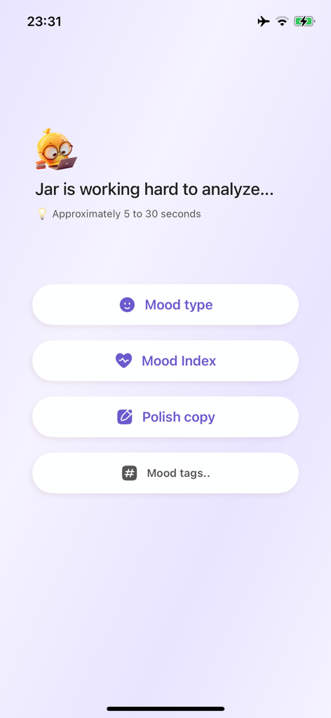 Mood Jar app AI analysis screen with a cute yellow character and mood tracking options