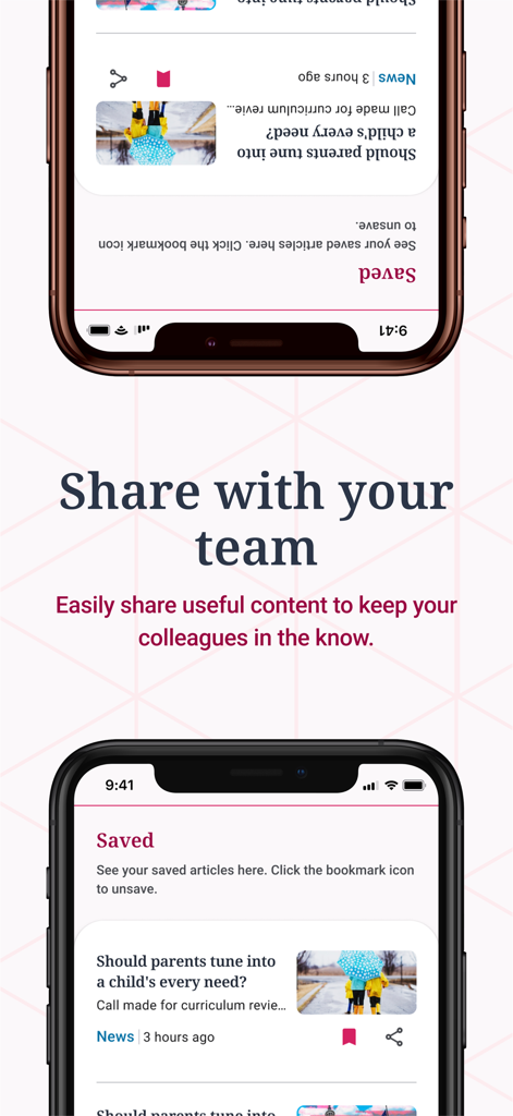 Interface do aplicativo Tes Magazine mostrando como compartilhar artigos educacionais com colegas.