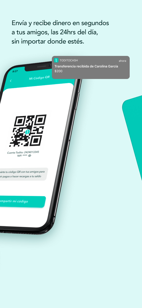 Todito - Todito mobile app showing a QR code for payments and a notification for a received money transfer.