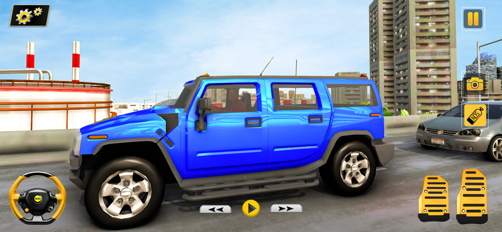 Grand City Taxi Driving Games - Un taxi SUV azul conduciendo por una ciudad 3D en la simulación Grand City Taxi Driving Games