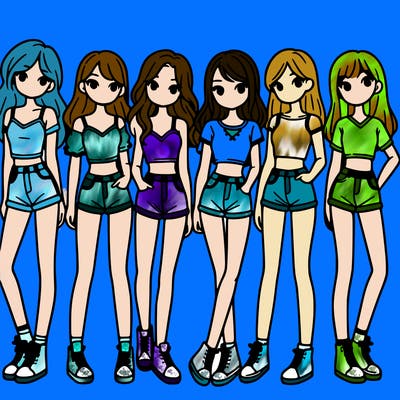 a group of girls wearing crop tops and shorts