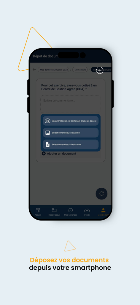 Una pantalla de smartphone que muestra opciones de carga de documentos dentro de la aplicación Amarris Immo Expert para la gestión de impuestos inmobiliarios franceses.