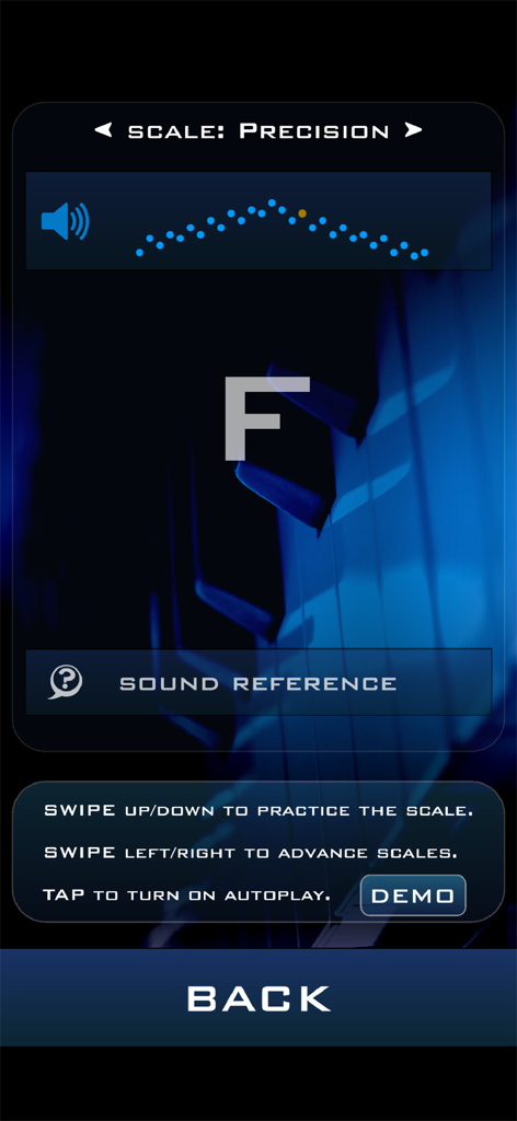 SWIFTSCALES Vocal Trainer - A scale practice screen in the SWIFTSCALES vocal trainer app showing a precision scale for the musical note F.