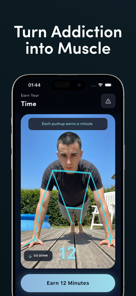 PushBlock app interface showing a man performing pushups tracked by AI to earn screen time