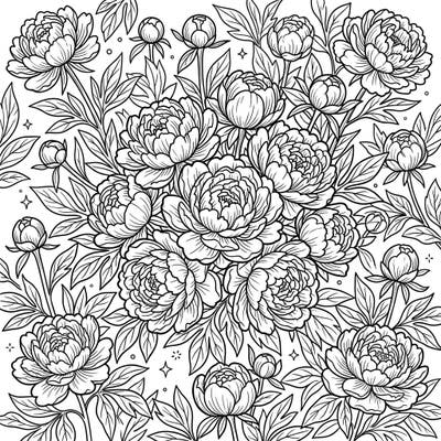 Immerse yourself in a garden of intricate beauty with this captivating full scene peony coloring page. Discover the joy of bringing vibrant life to abundant blooms and lush foliage, perfect for a relaxing artistic escape.