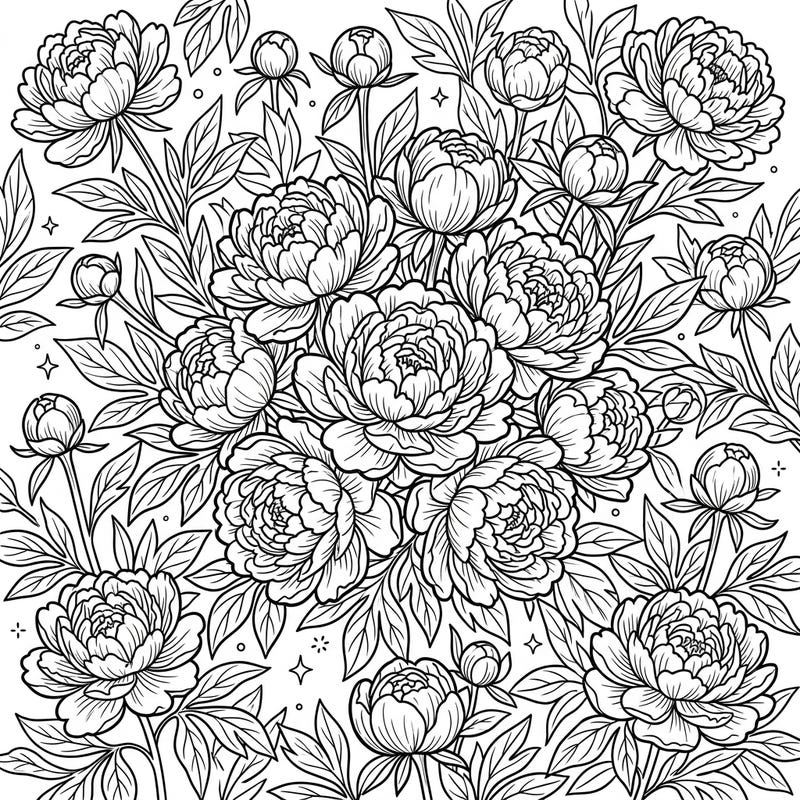 Immerse yourself in a garden of intricate beauty with this captivating full scene peony coloring page. Discover the joy of bringing vibrant life to abundant blooms and lush foliage, perfect for a relaxing artistic escape.
