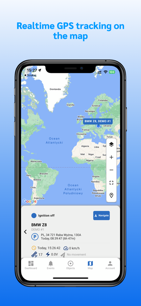Floomli GPS for Teltonika - Oberfläche der Floomli GPS-App, die die Echtzeit-Fahrzeugverfolgung auf einer Weltkarte mit Zündungs- und Akkustatus anzeigt.