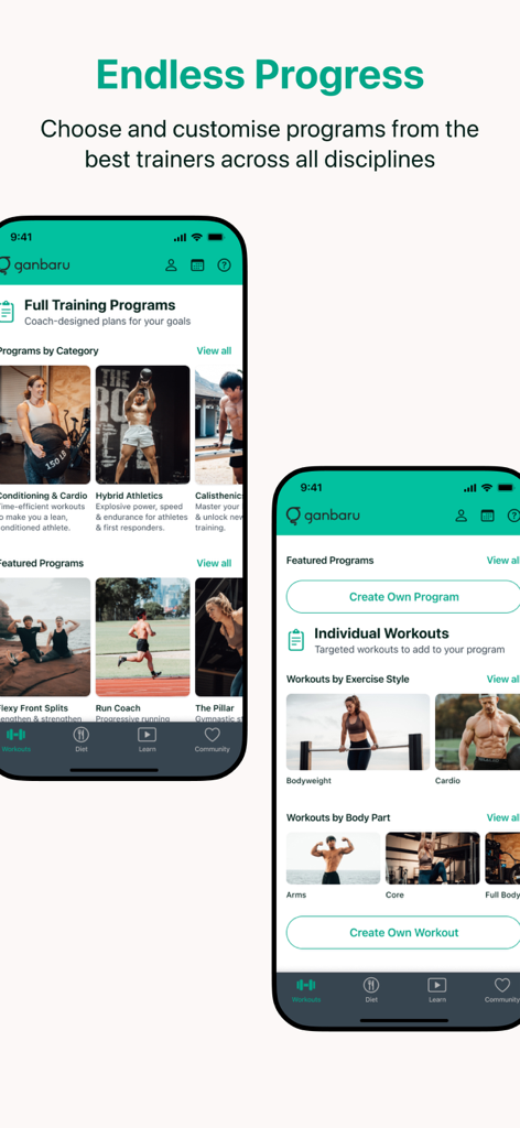 Ganbaru Method - Ganbaru Method app interface showing training programs by category and custom workout options