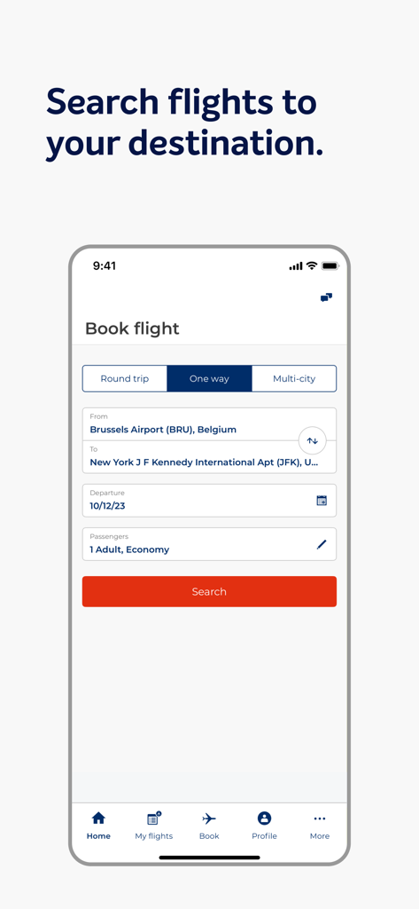 Brussels Airlines mobile app screen showing the flight booking interface for a trip from Brussels to New York.