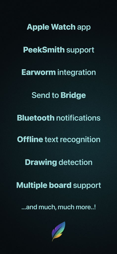 Pluma - A list of features for the Pluma magic app including Apple Watch support, AI text recognition, and drawing detection