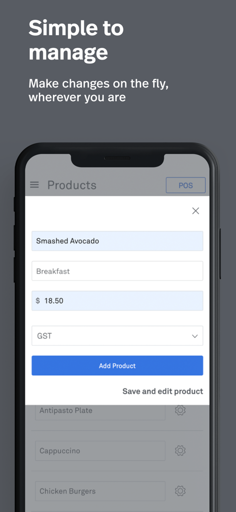 Mobile Ansicht der Lightspeed Restaurant POS-App, die die Benutzeroberfläche zum Hinzufügen eines neuen Produkts wie 'Smashed Avocado' mit Preisgestaltung und Kategorie zeigt.
