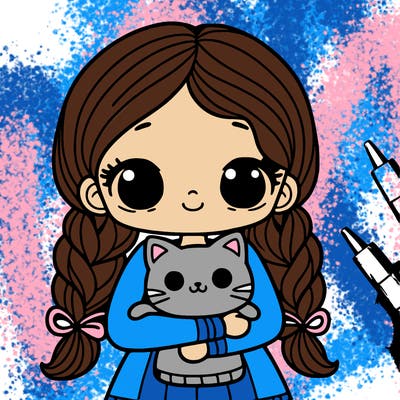 girl with 2 braids with a cat in her hands