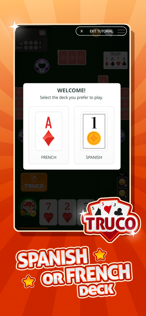 TRUCO GameVelvet - Card Game - Tela do aplicativo mobile mostrando a escolha entre baralhos de cartas Franceses e Espanhóis para jogar Truco online