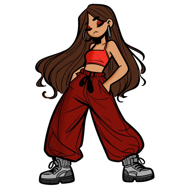 girl in baggy pants crop top and long hair