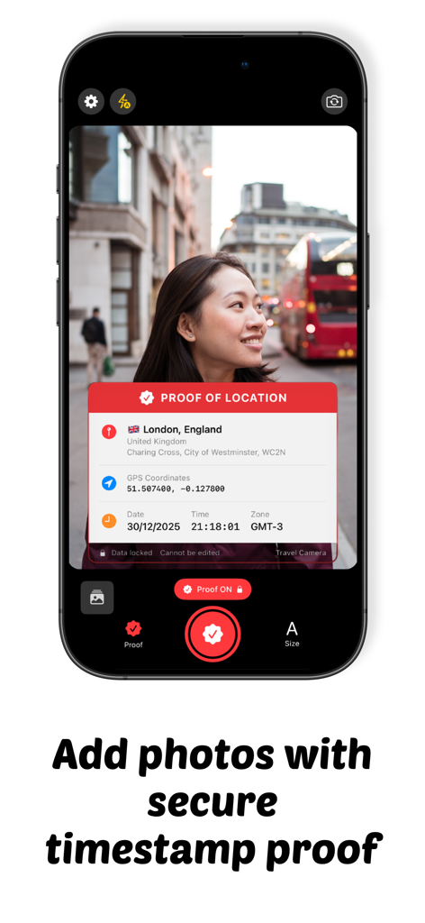 Mobile app screen showing a photo with a secure location and timestamp data overlay