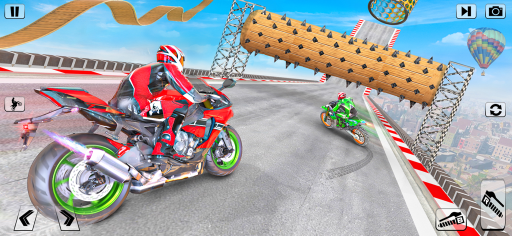 Bike 360 Flip Stunt game 3d - Red sports bike racing on a high altitude stunt track with obstacles and city view