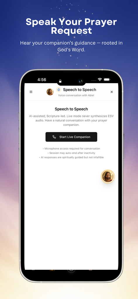 Abiel – Prayer Companion - Pantalla de la aplicación Abiel que muestra la función de oración de voz a voz con un botón para iniciar una conversación en vivo guiada por las Escrituras.
