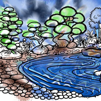 a serene zen garden with raked gravel, bonsai trees, and tranquil ponds