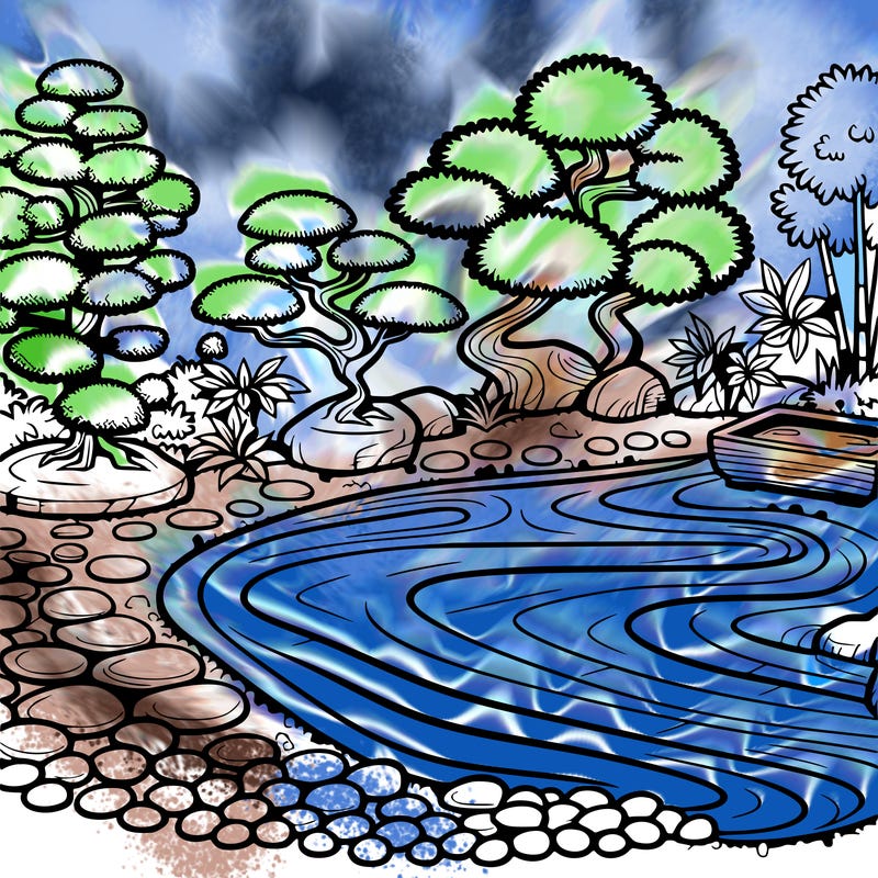 a serene zen garden with raked gravel, bonsai trees, and tranquil ponds