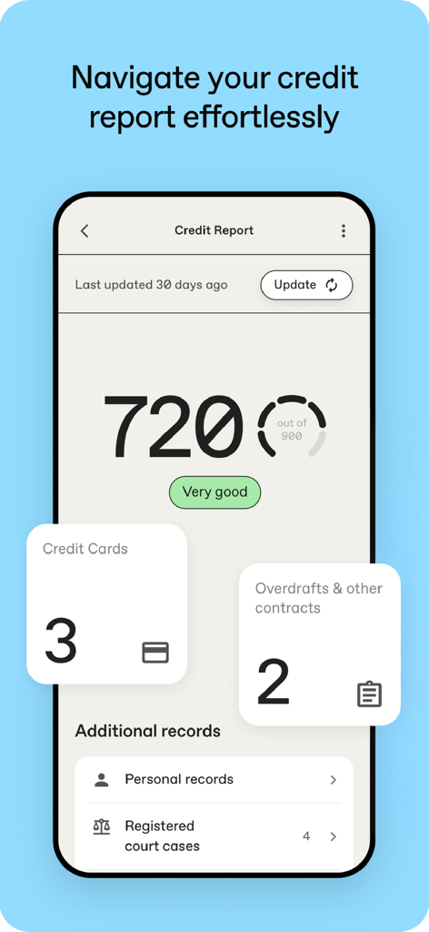 A mobile app interface of Etihad Credit Bureau displaying a credit score of 720 and a very good rating