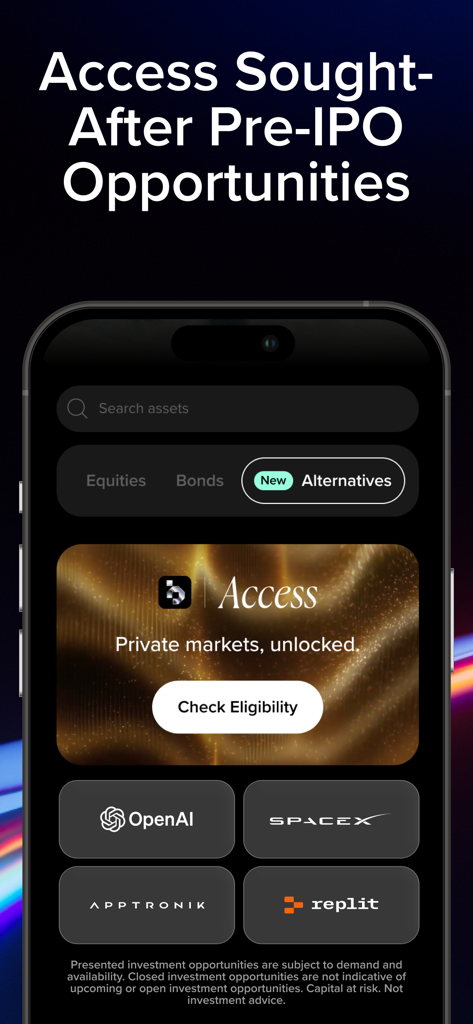 baraka: Buy US Stocks & ETFs - Baraka app screen showing private market and pre-IPO investment opportunities