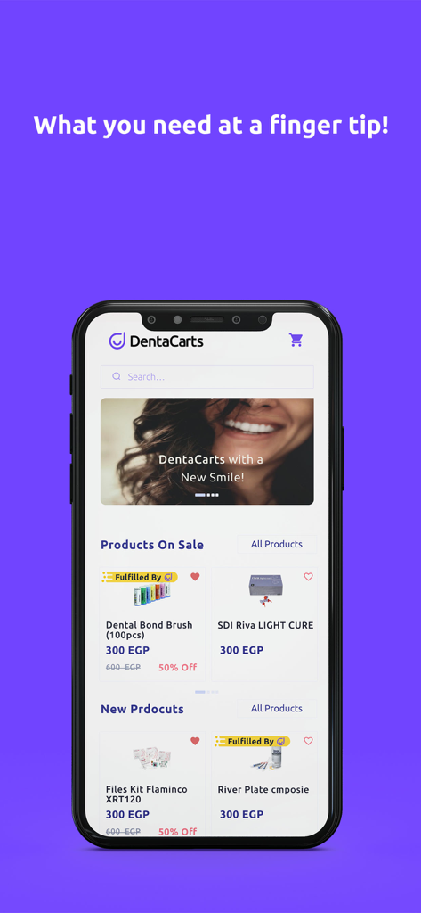 DentaCarts - DentaCarts mobile app home screen showing a marketplace for dental supplies with discounted products and a search bar.