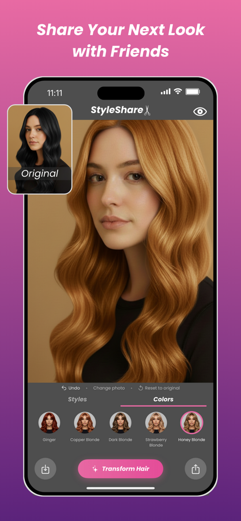 StyleShare app interface showing a photorealistic AI hair color change from dark hair to honey blonde