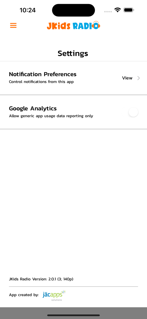 JKids Radio - Settings screen of the JKids Radio app showing notification preferences and analytics options
