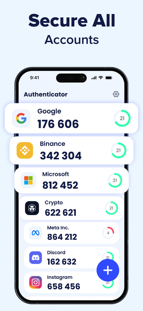 Authenticator App - 2FA Auth - Smartphone screen displaying 2FA security codes for multiple accounts including Google and Microsoft