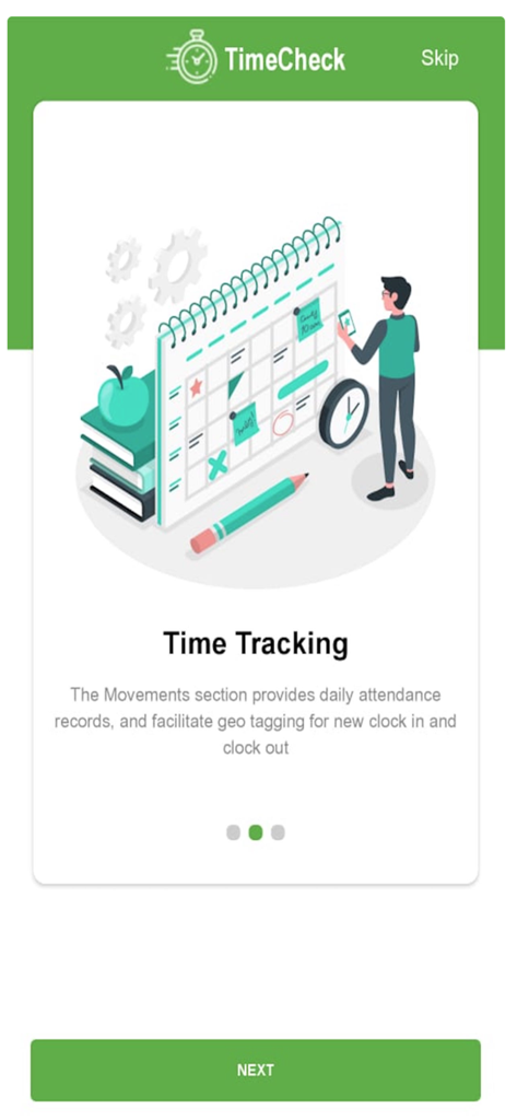 TIMECHECK Enterprise - TimeCheck Enterprise app onboarding screen explaining time tracking and geo-tagged attendance features