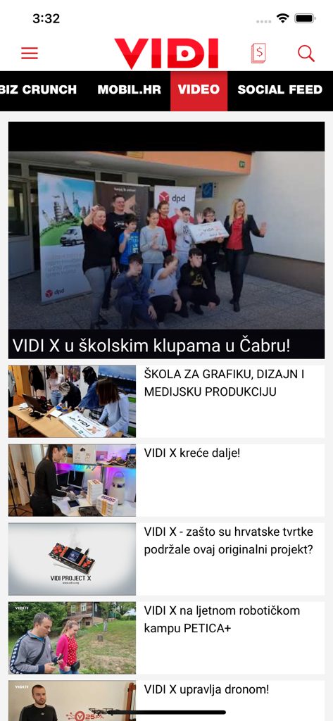 Vidi časopis - Video section of the Vidi ICT magazine app showing various tech and educational project reports