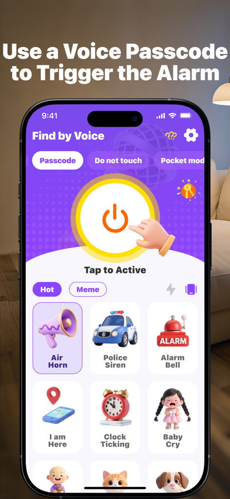 Pantalla de la aplicación ClapFind que muestra la activación del código de voz y opciones de sonido de alarma personalizadas.