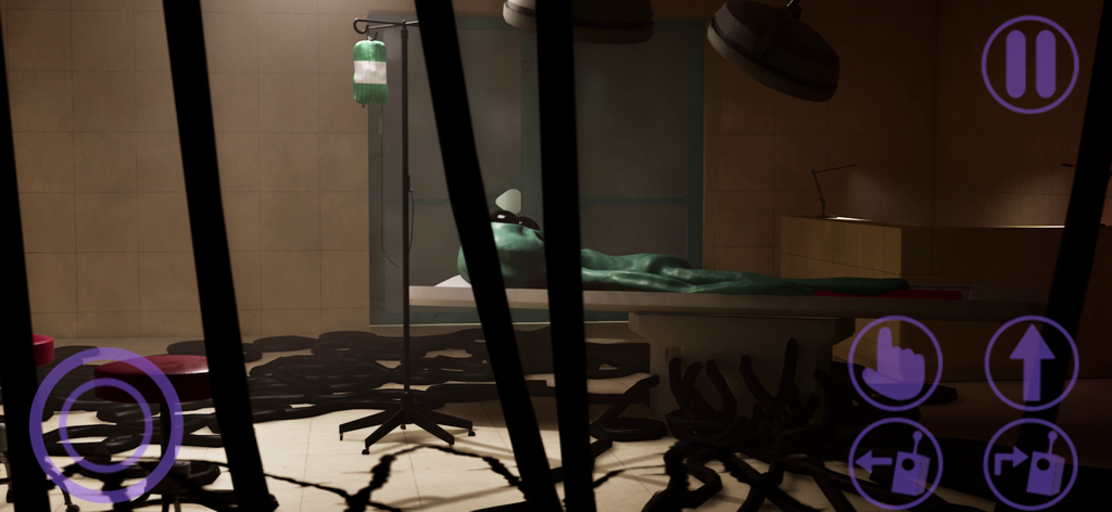 A green monster character lying on an operating table in a dark room with black tentacles on the floor
